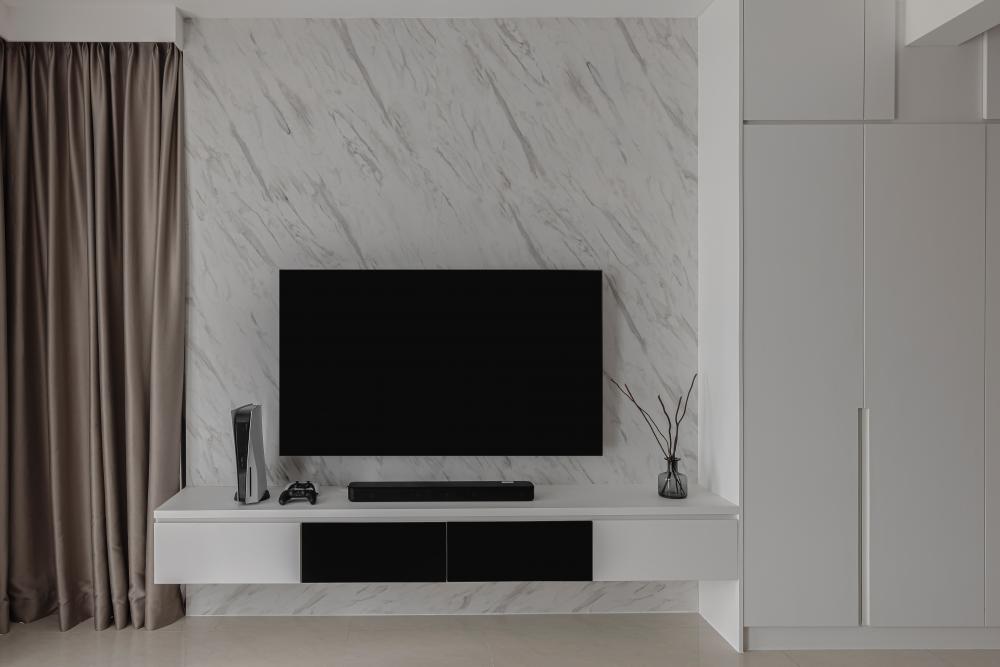 Contemporary Living Room with TV Console and Feature Wall