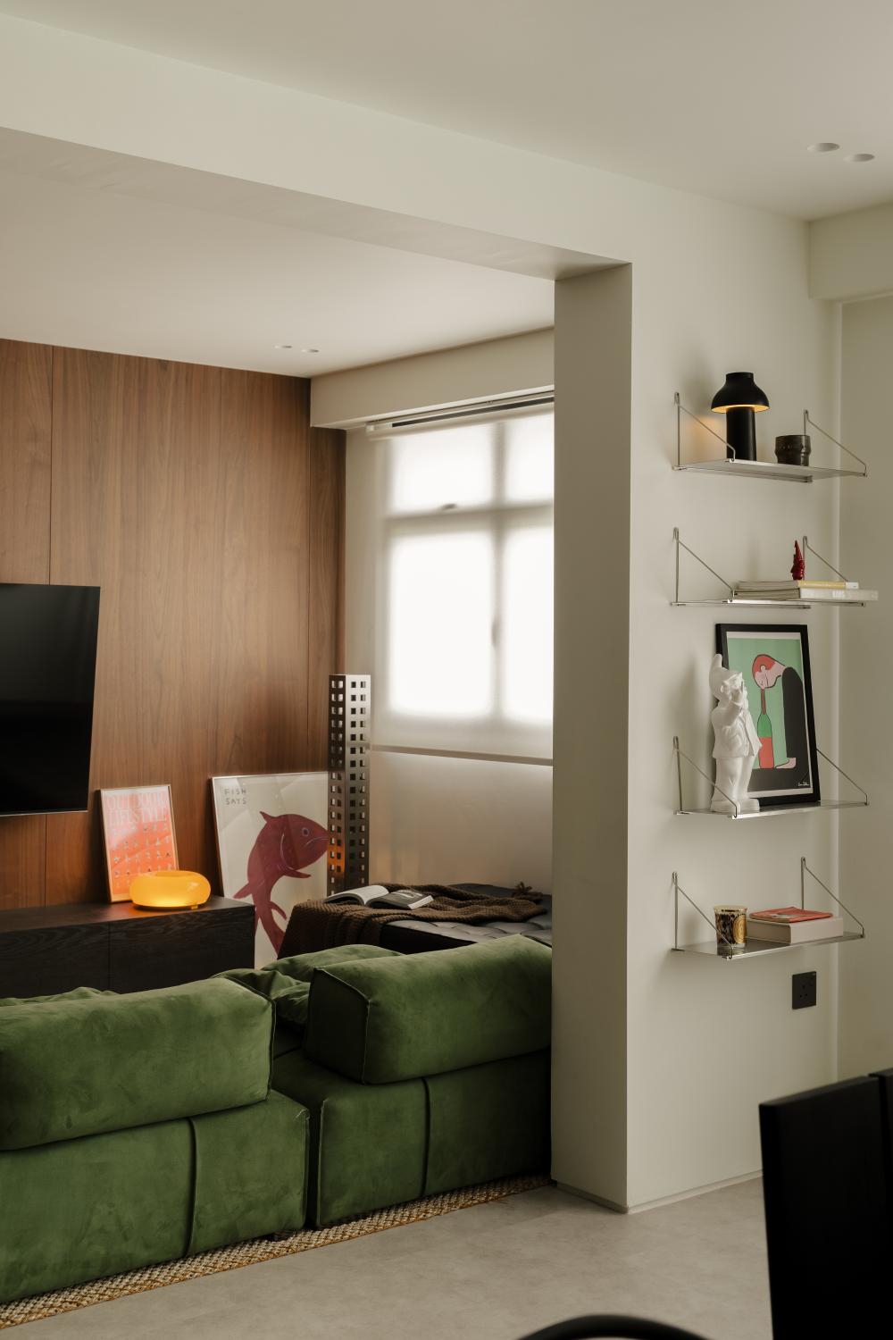 Vintage Living Room with Bookshelf and Sofa