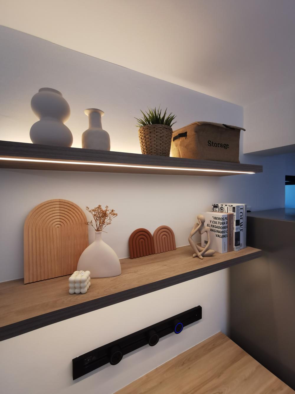 Scandinavian Hallway with Bookshelf and Artwork