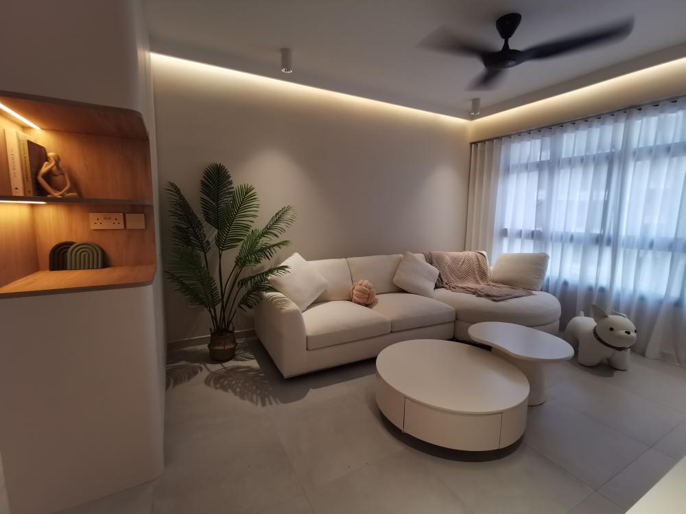 Scandinavian Living Room with Homogeneous Tiles and Cove Lighting