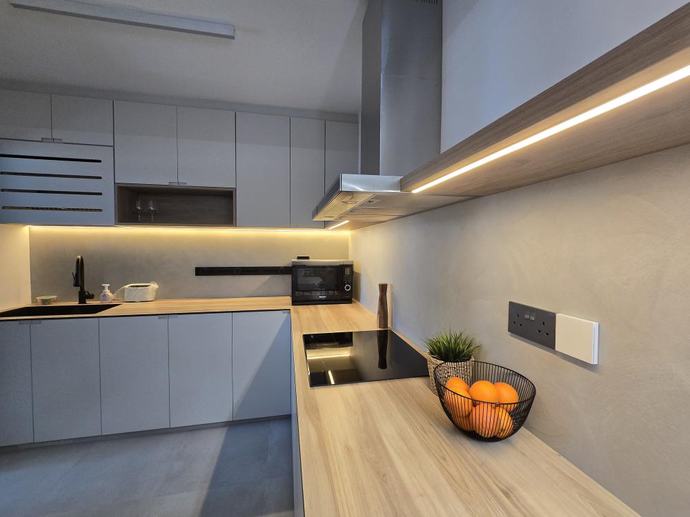 Scandinavian Kitchen with Countertop and Granite Floor
