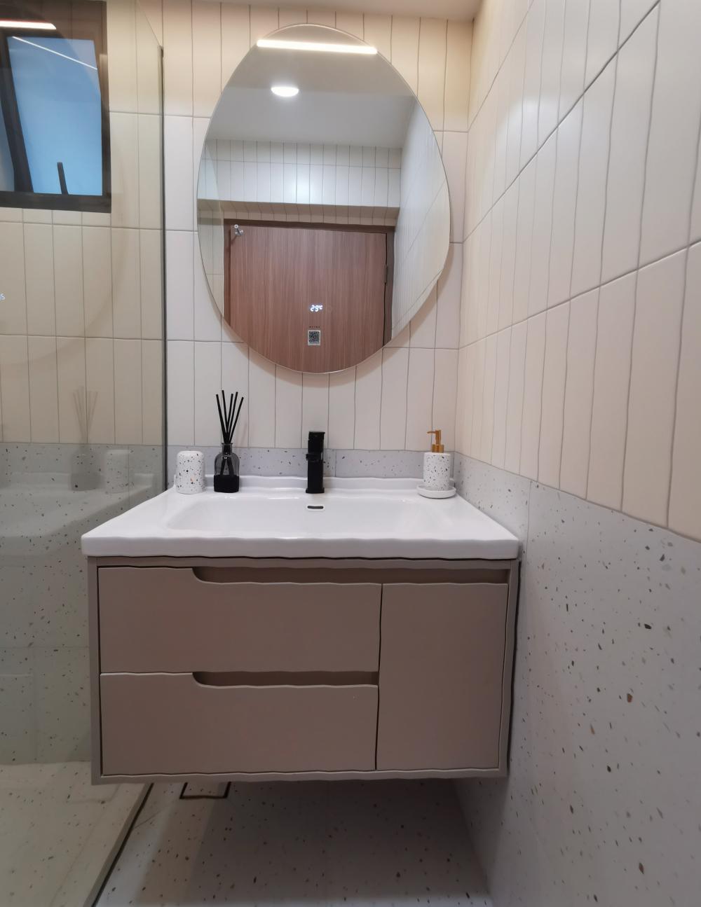 Scandinavian Bathroom with Countertop and Mirror