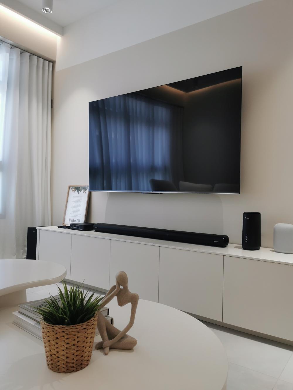 Scandinavian Living Room with TV Console and Feature Wall