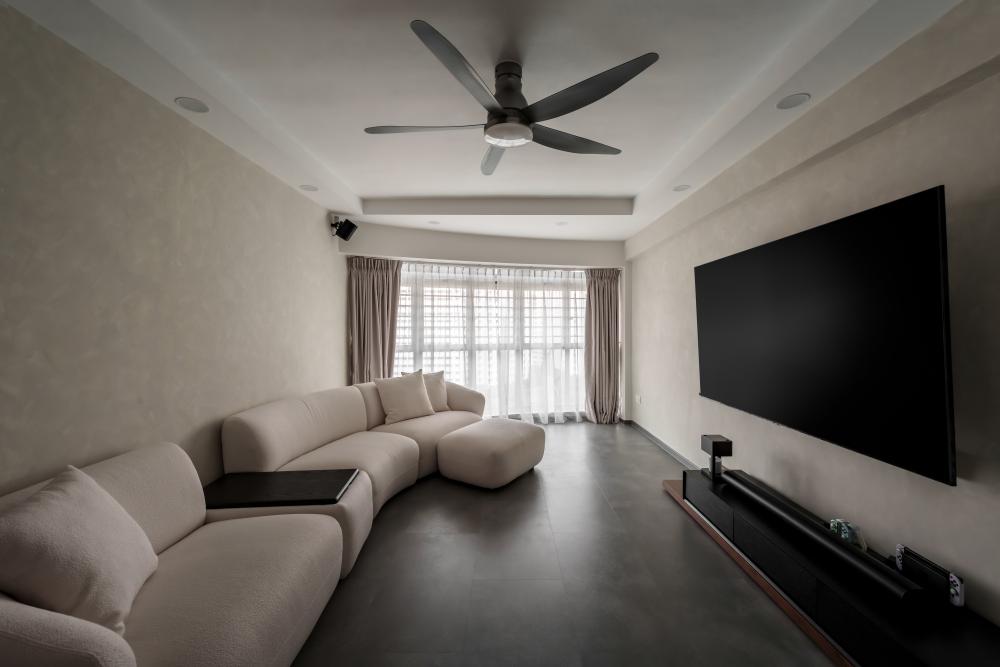 Contemporary Living Room with Homogeneous Tiles and TV Console