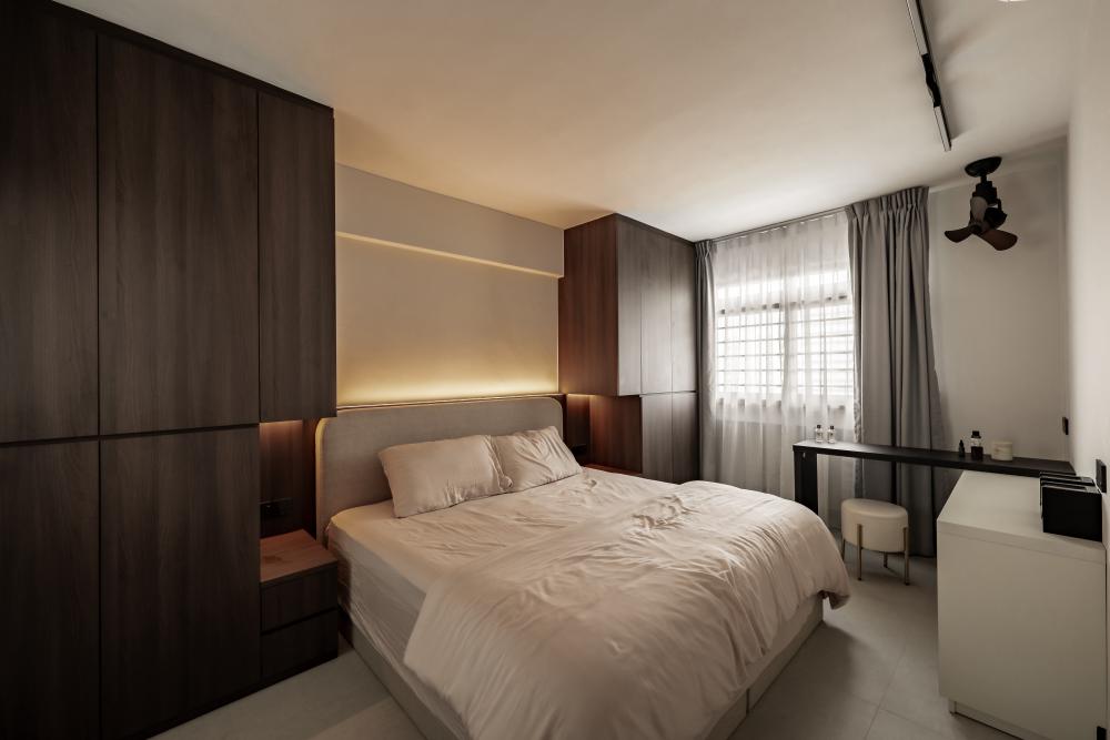 Contemporary Bedroom with Homogeneous Tiles and Wardrobe