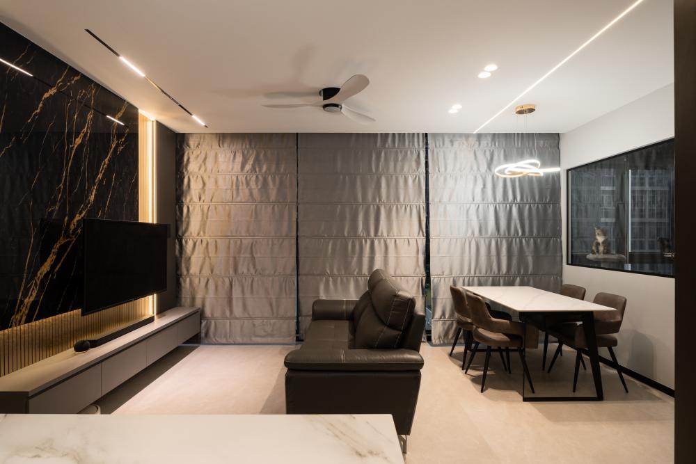Modern Living Room with Homogeneous Tiles and TV Console