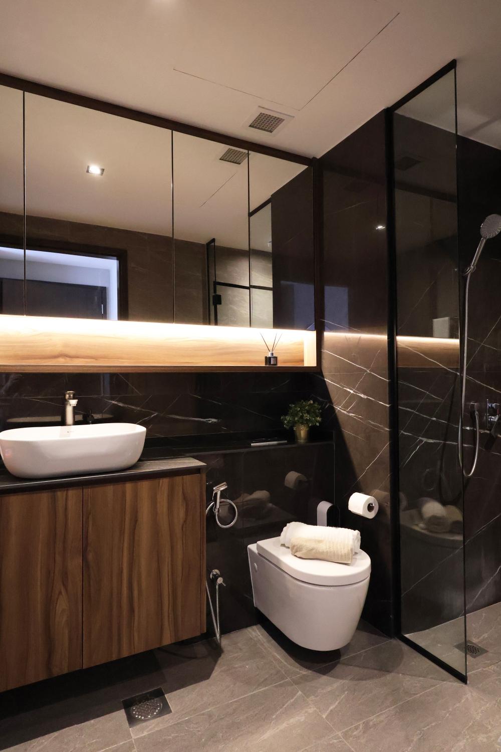 Contemporary Bathroom with Showers and Wash Basins