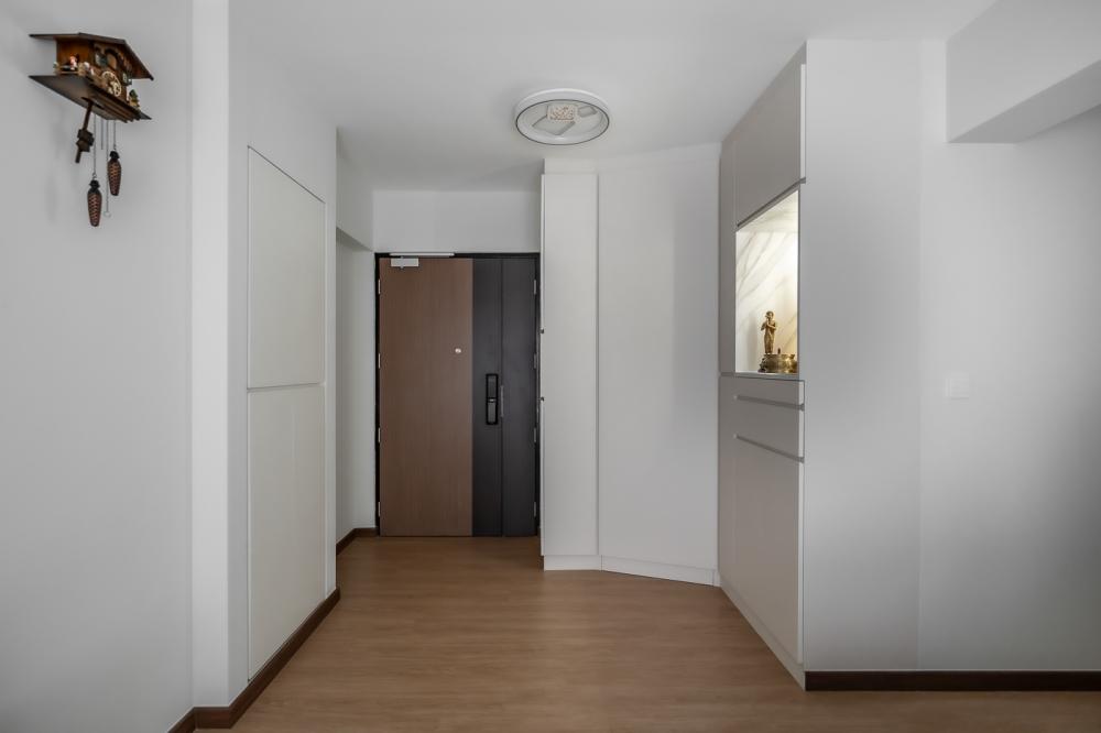 Scandinavian Living Room with Vinyl Flooring and Altar