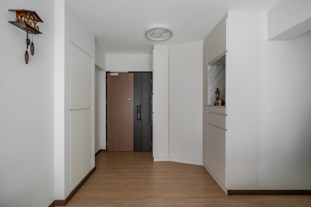Scandinavian Living Room with Vinyl Flooring and Altar