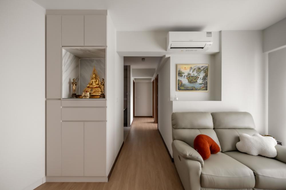 Scandinavian Living Room with Vinyl Flooring and Altar