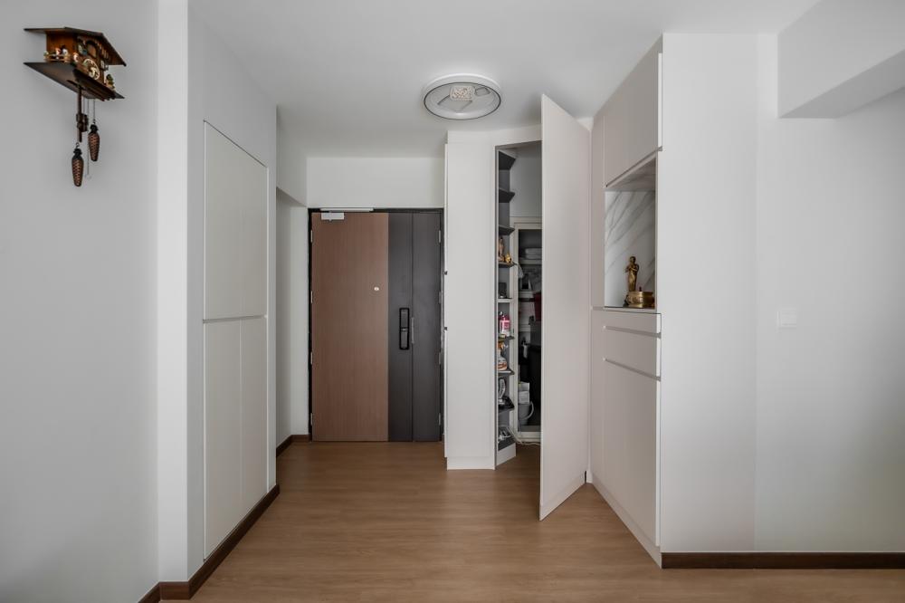 Scandinavian Living Room with Vinyl Flooring and Altar