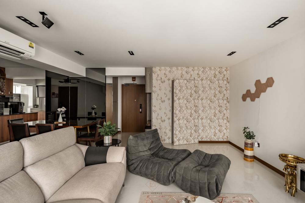 Modern Living Room with Homogeneous Tiles and Mirror