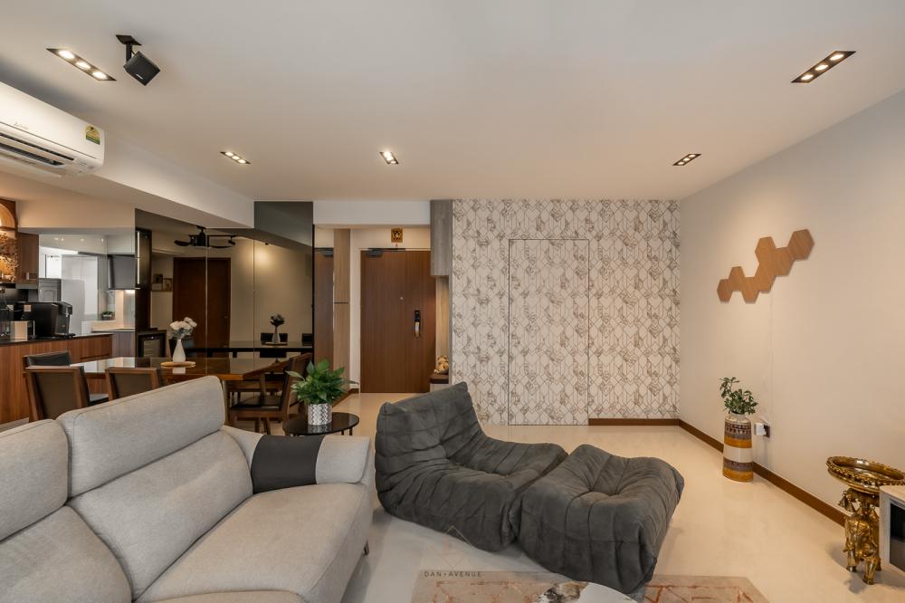 Modern Living Room with Homogeneous Tiles and Marble Floor