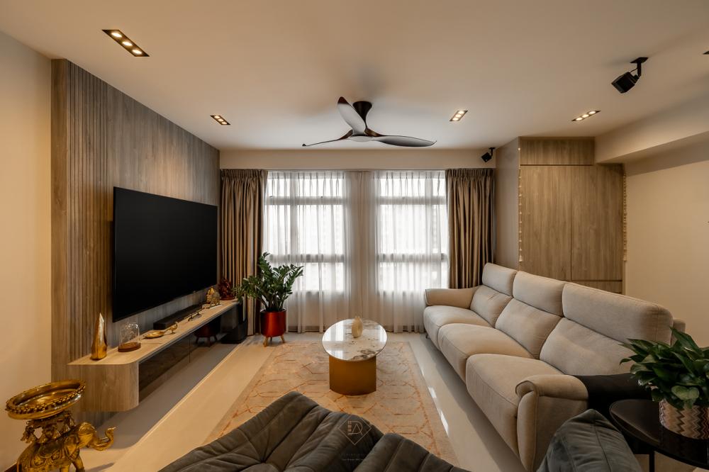 Modern Living Room with Homogeneous Tiles and Marble Floor