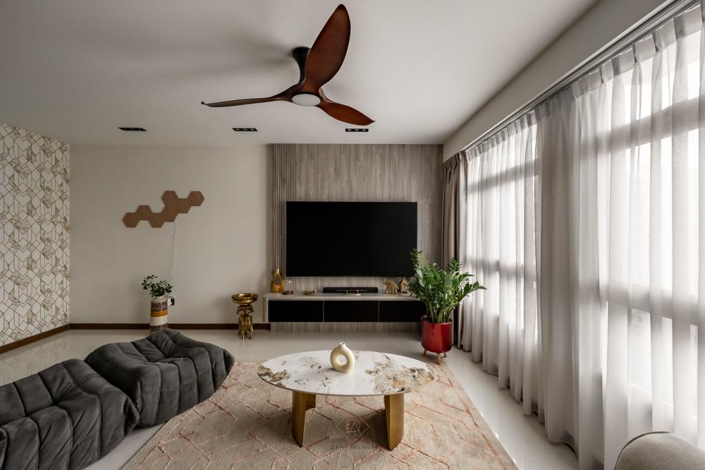 Modern Living Room with Homogeneous Tiles and TV Console