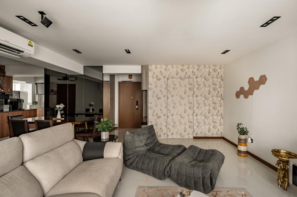Modern Living Room with Homogeneous Tiles and Mirror