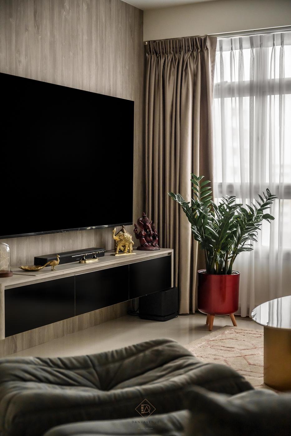 Modern Living Room with Homogeneous Tiles and TV Console