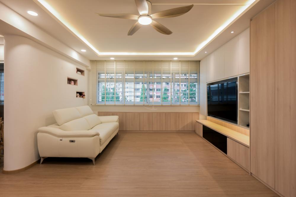Modern Living Room with Bookshelf and Vinyl Flooring