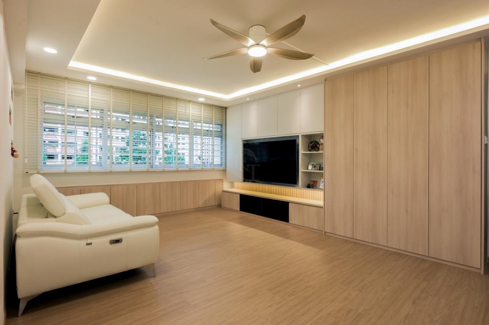 Modern Living Room with Bookshelf and Vinyl Flooring