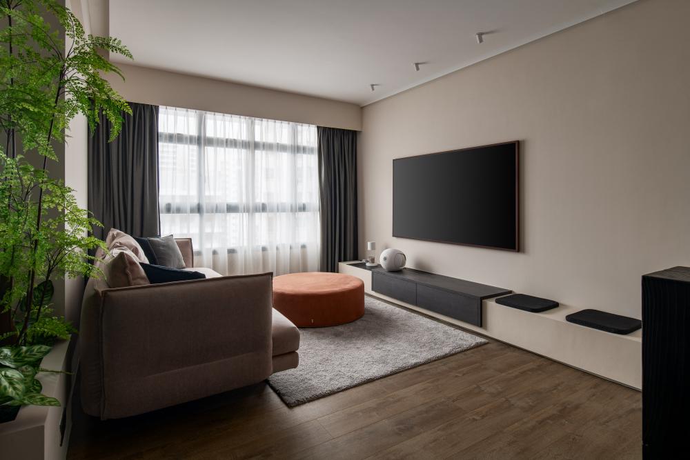 Minimalist Hallway with TV Console and Feature Wall