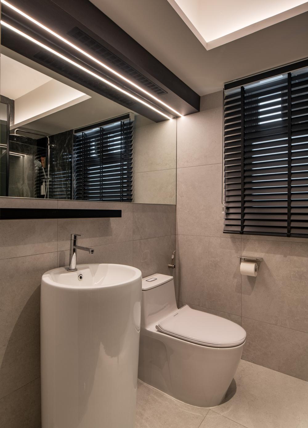 Minimalist Bathroom with Countertop and Homogeneous Tiles