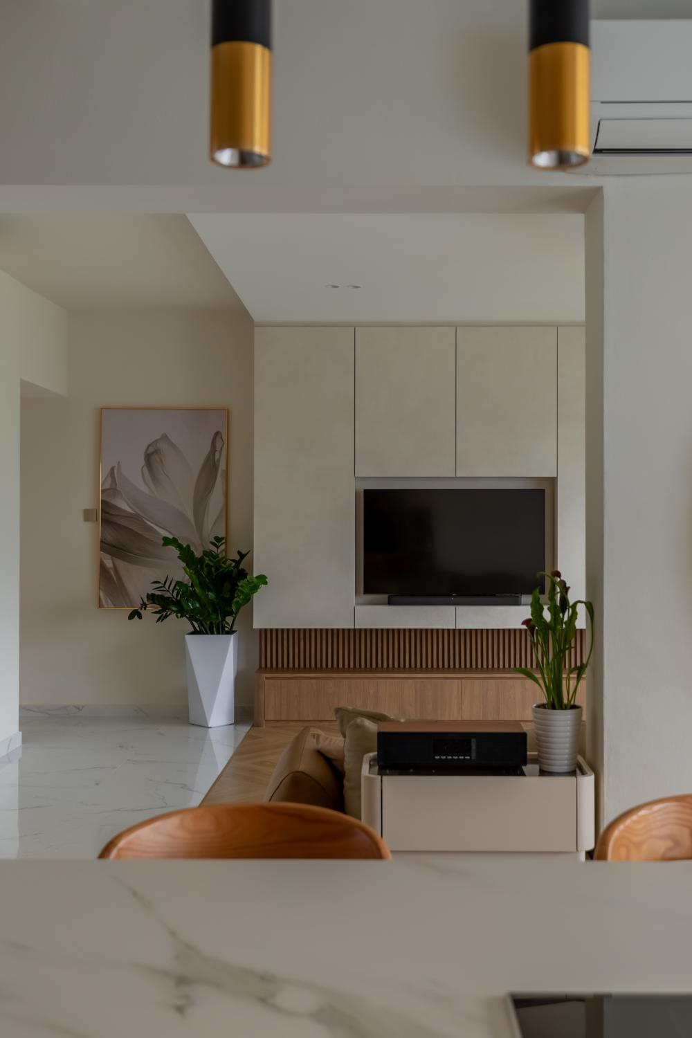 Contemporary Dining Room with Feature Wall and Drop Light