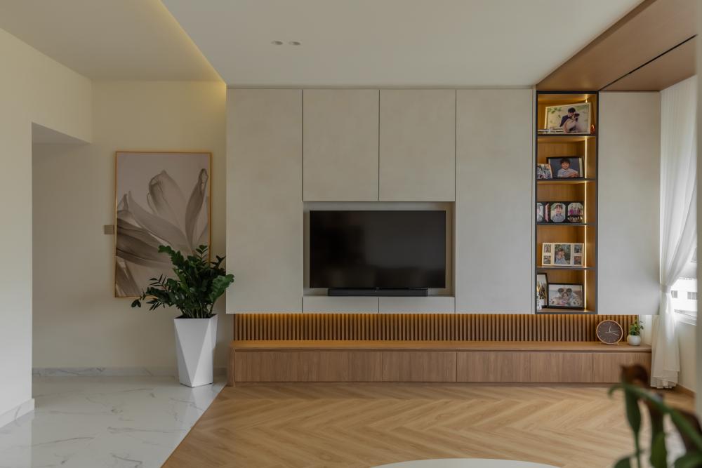 Contemporary Living Room with Bookshelf and TV Console