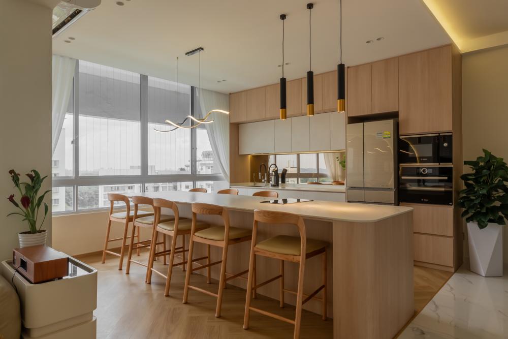 Contemporary Dining Room with Drop Light and Kitchen Island