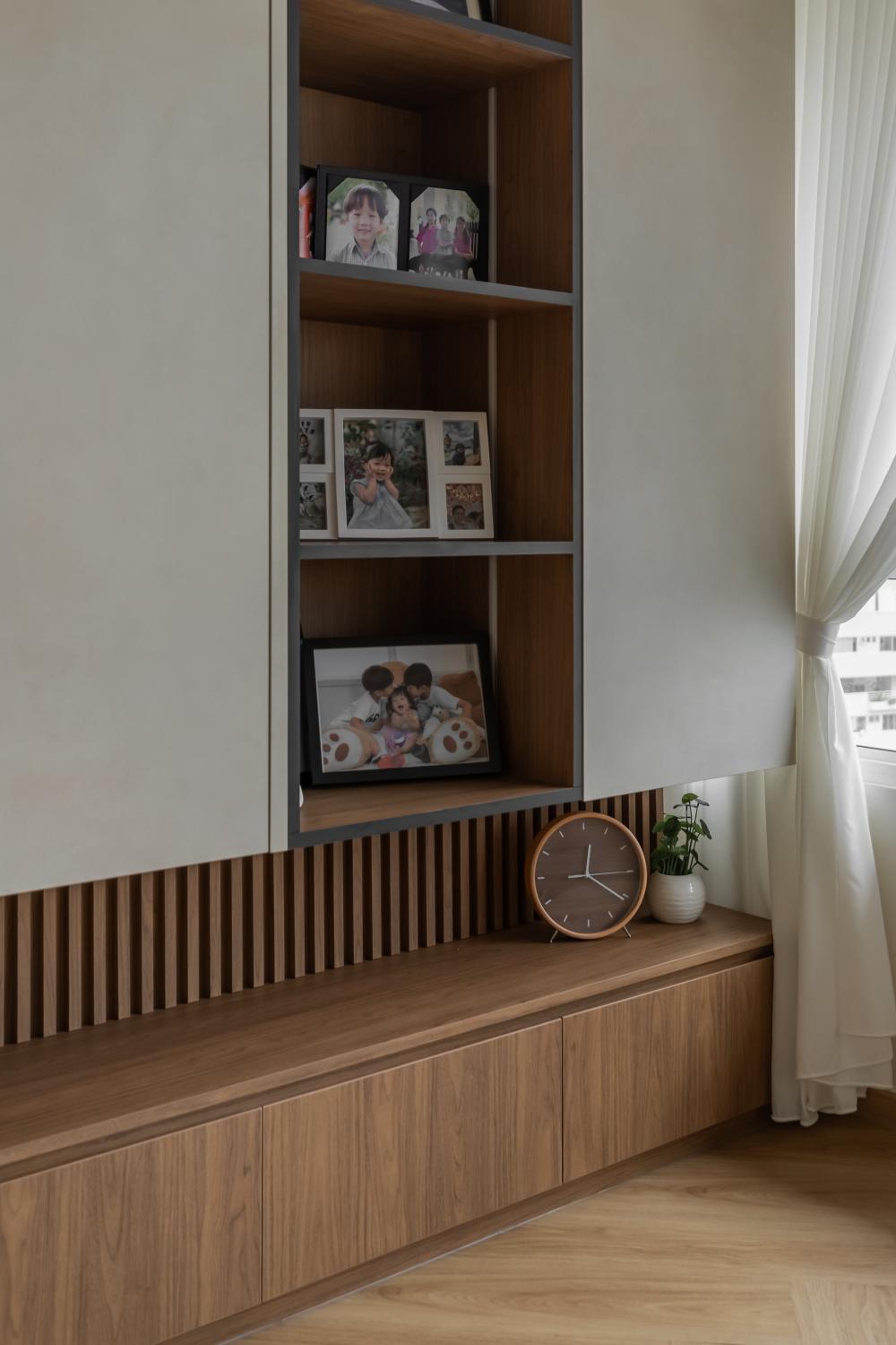Contemporary Living Room with Bookshelf and TV Console