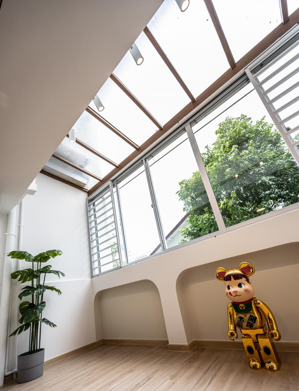 Contemporary Balcony with Bay Window and Window Shutters