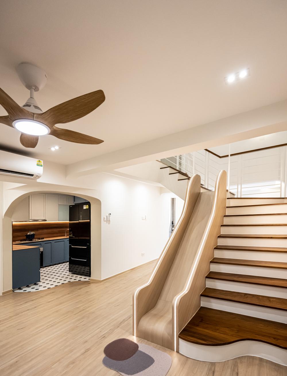 Contemporary Hallway with Parquet Floor and Staircase