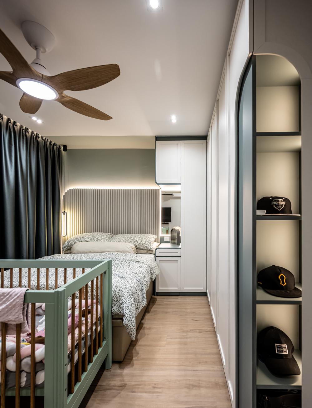 Contemporary Bedroom with Bookshelf and Cove Lighting