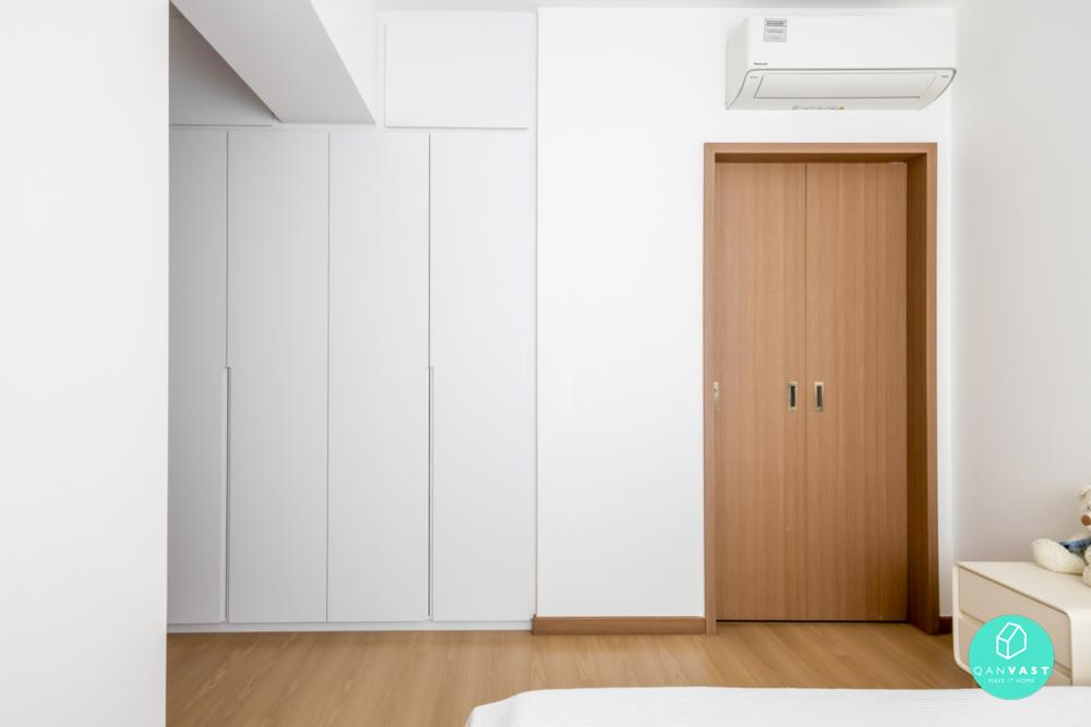 Minimalist Bedroom with Vinyl Flooring and Cove Lighting