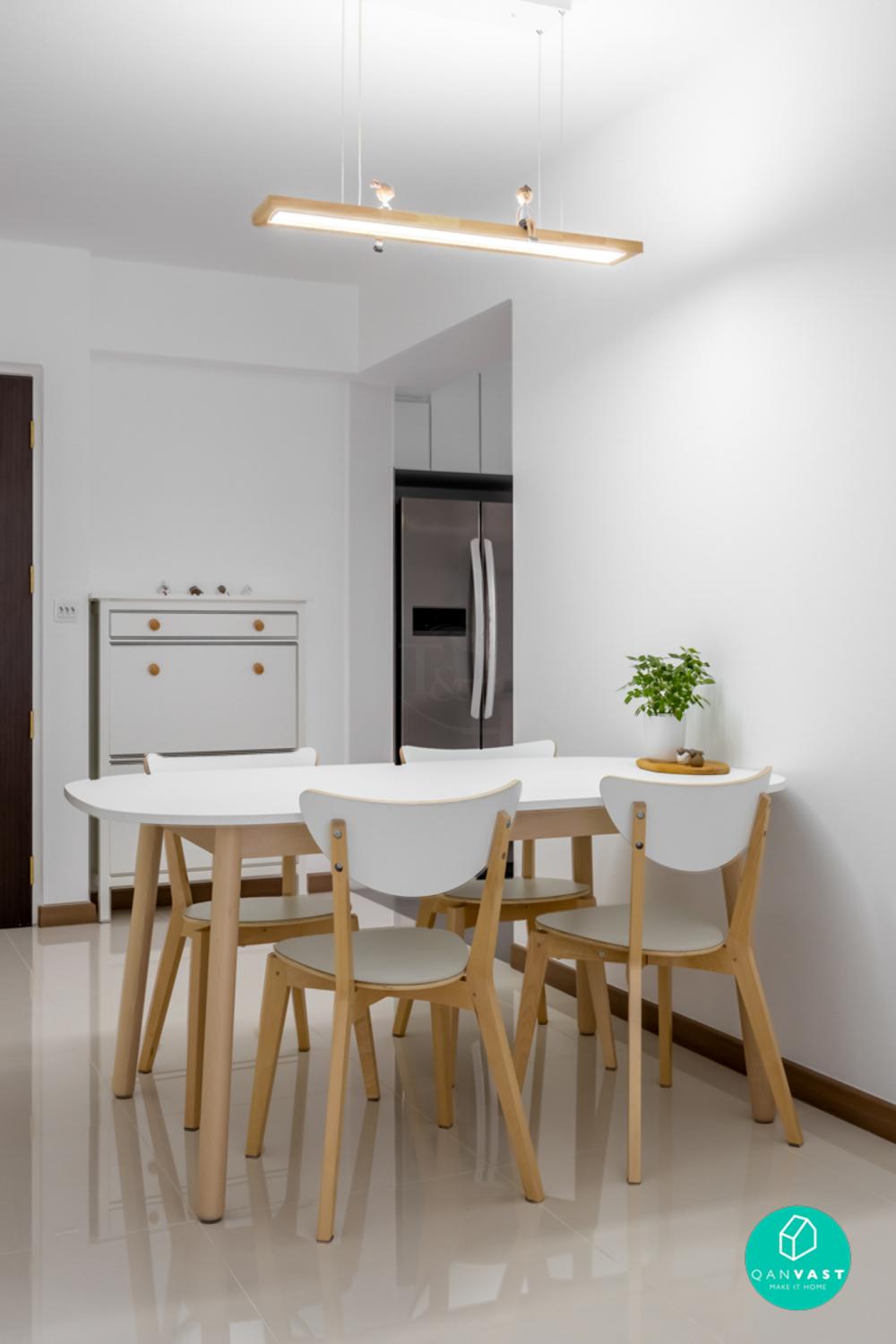 Minimalist Dining Room with Drop Light and Downlights