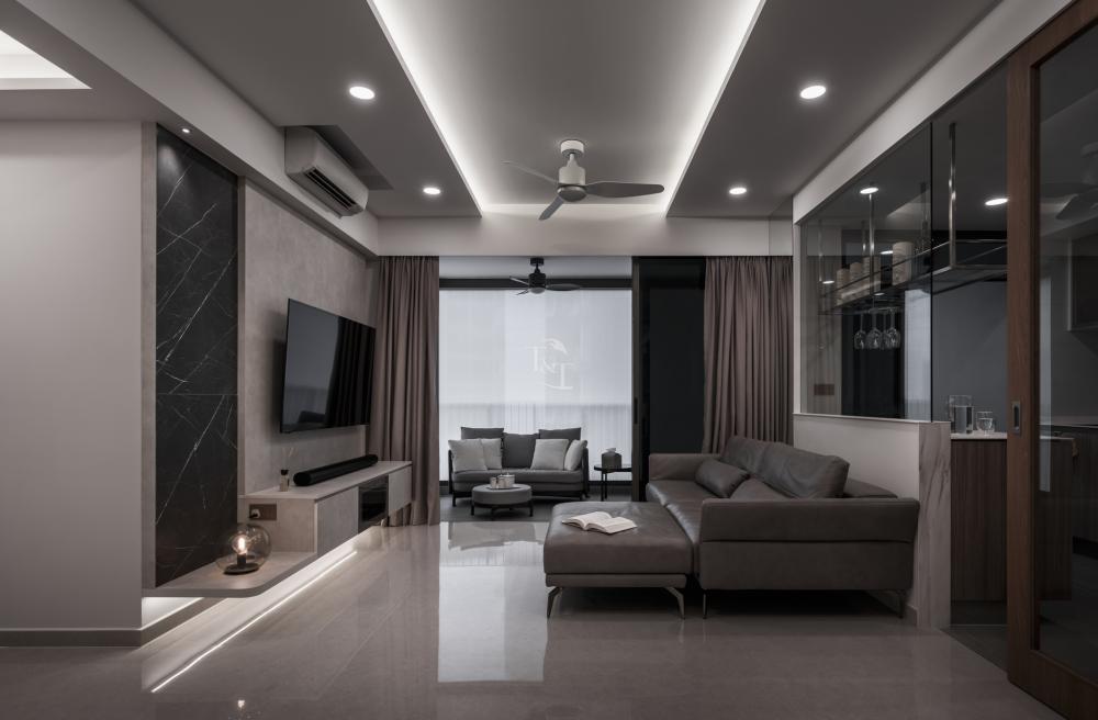 Contemporary Living Room with Homogeneous Tiles and TV Console