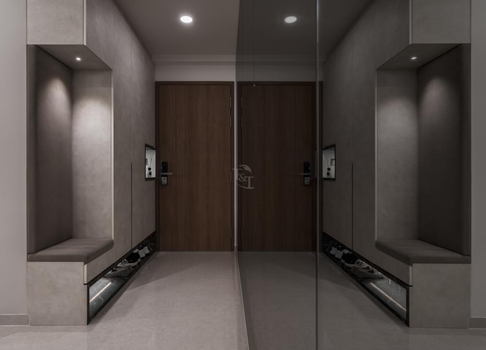 Contemporary Entryway with Mirror and Cove Lighting
