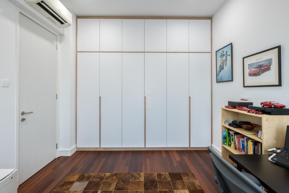 Modern Home Office with Bookshelf and Wallpaper