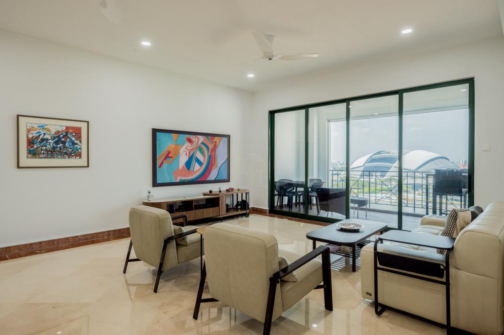 Modern Living Room with Homogeneous Tiles and TV Console