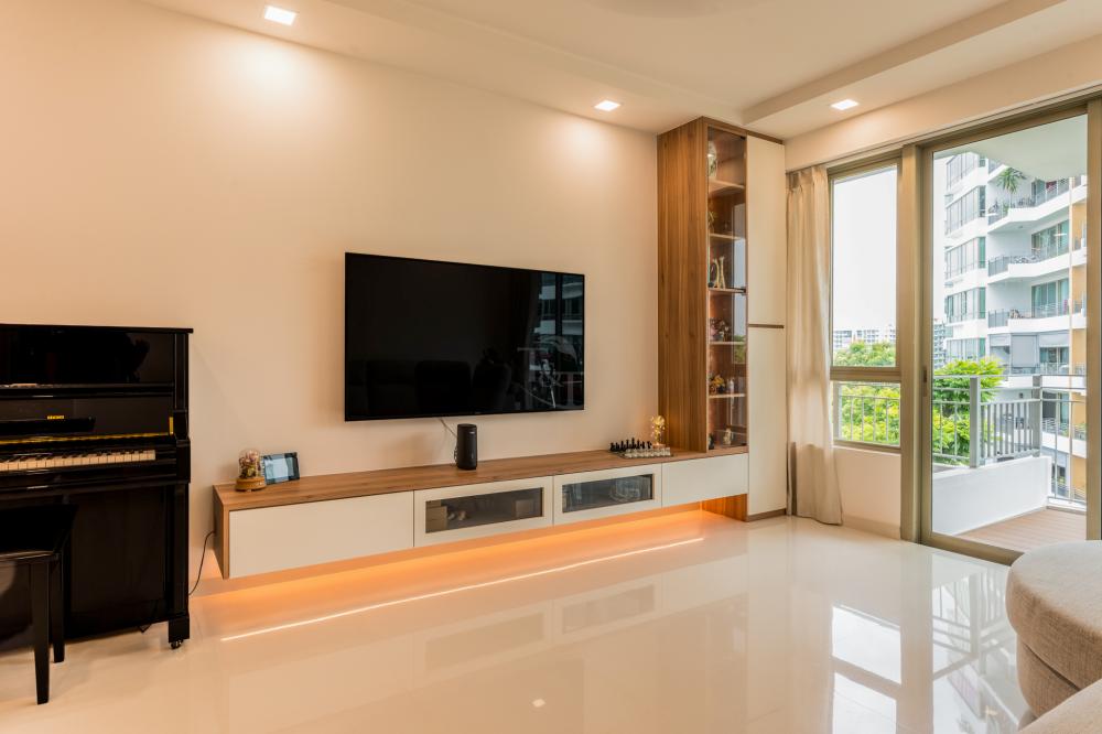 Modern Living Room with Countertop and Homogeneous Tiles