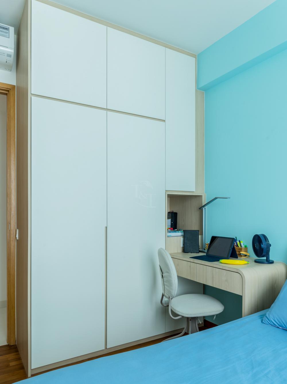 Modern Bedroom with Parquet Floor and Ceiling Light