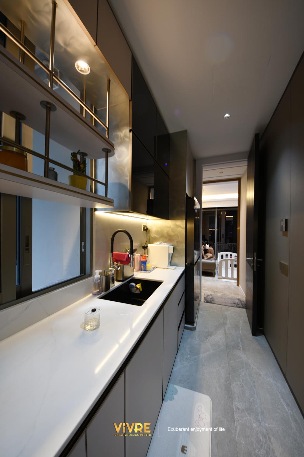 Modern Kitchen with Marble Floor and Kitchen Accessories