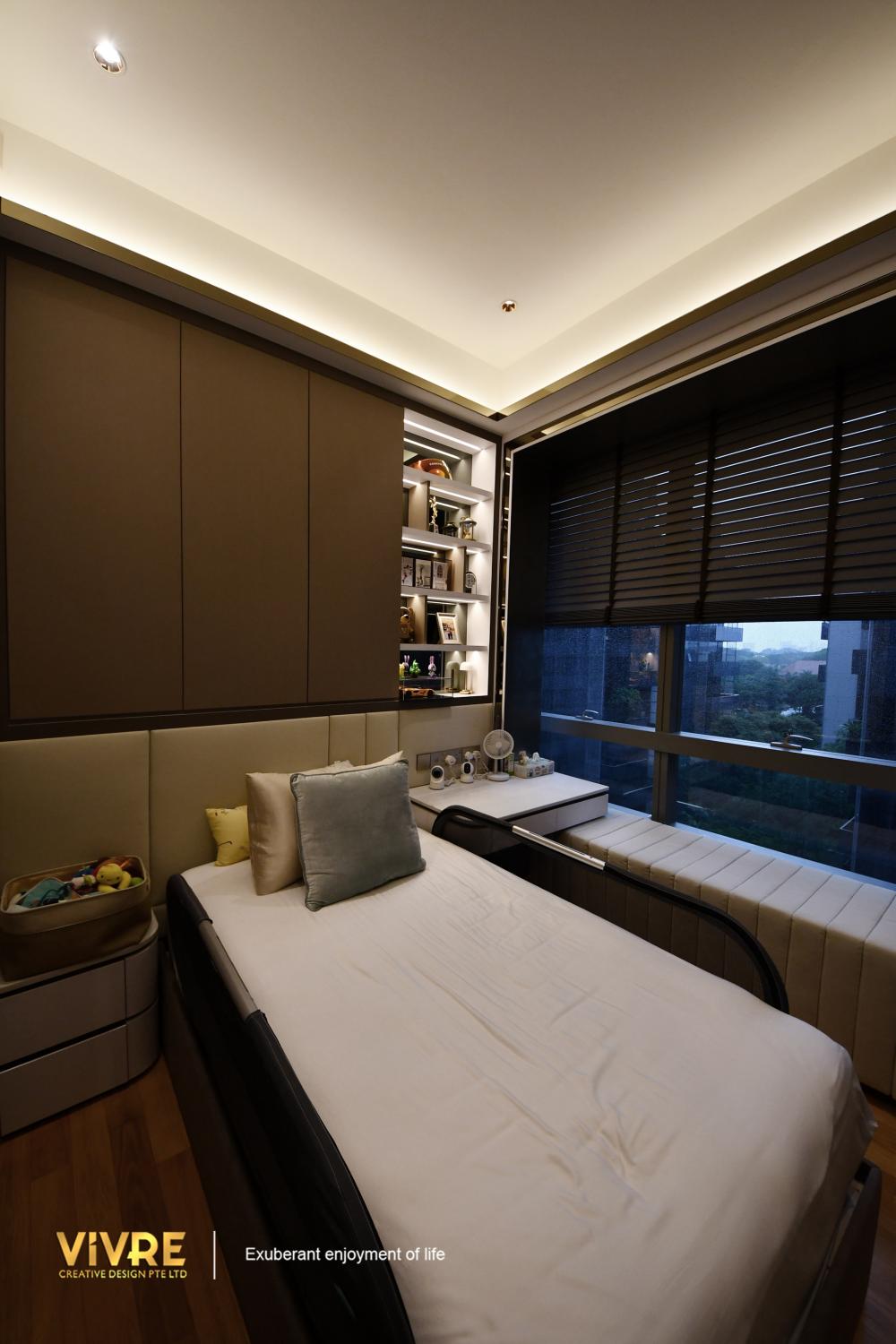 Modern Bedroom with Marble Floor and Drop Light
