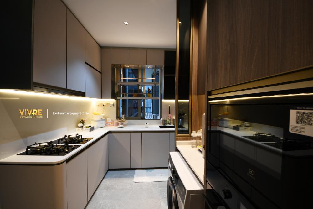 Modern Kitchen with Marble Floor and Kitchen Accessories