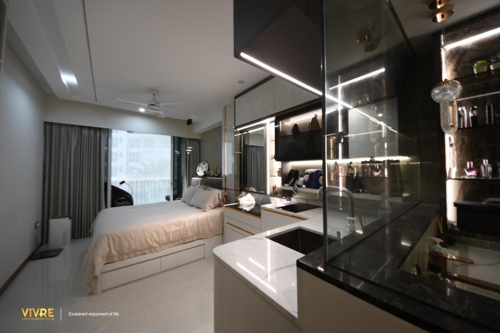 Modern Bedroom with Bookshelf and Homogeneous Tiles