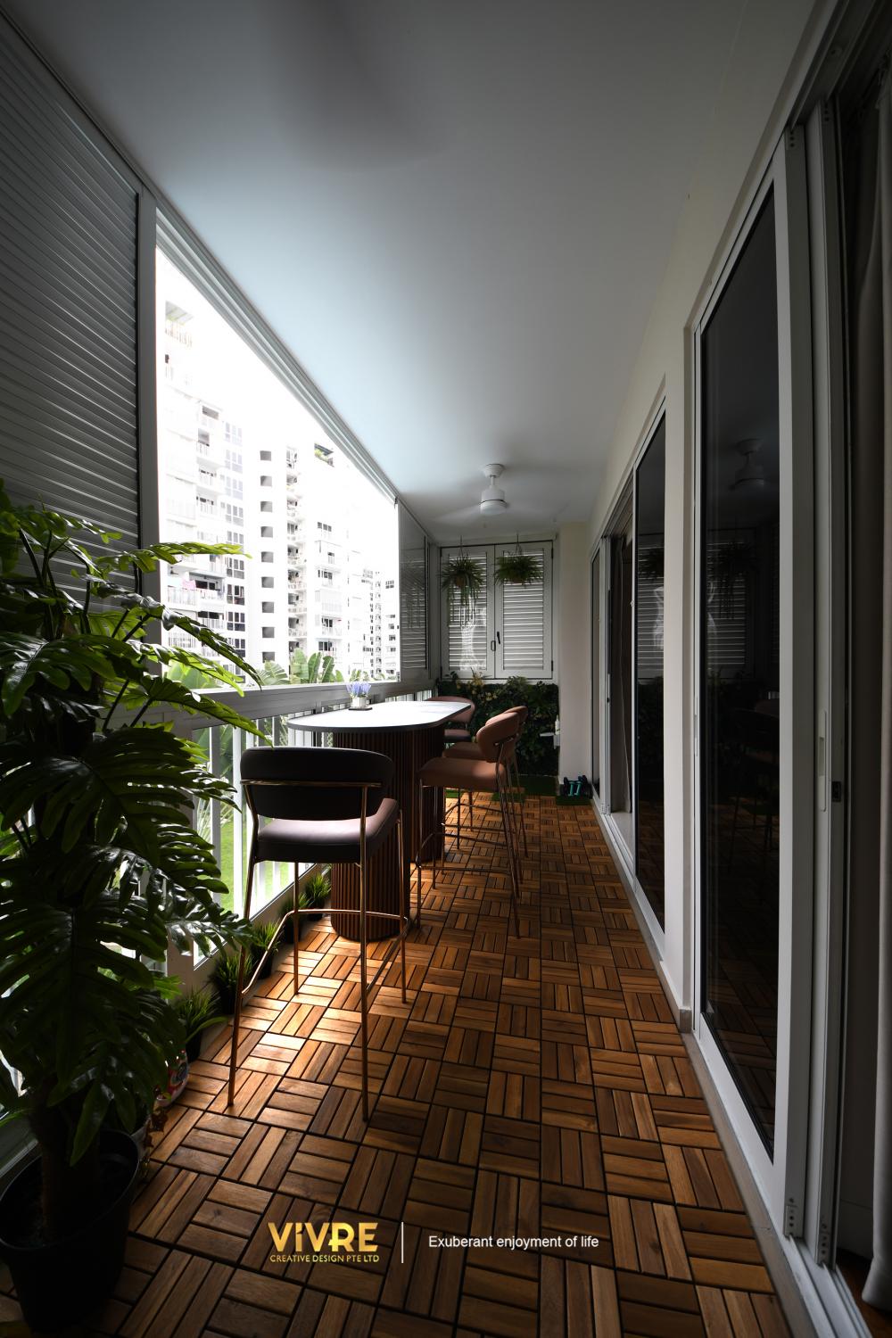 Modern Balcony with Window Seat and Window Shutters