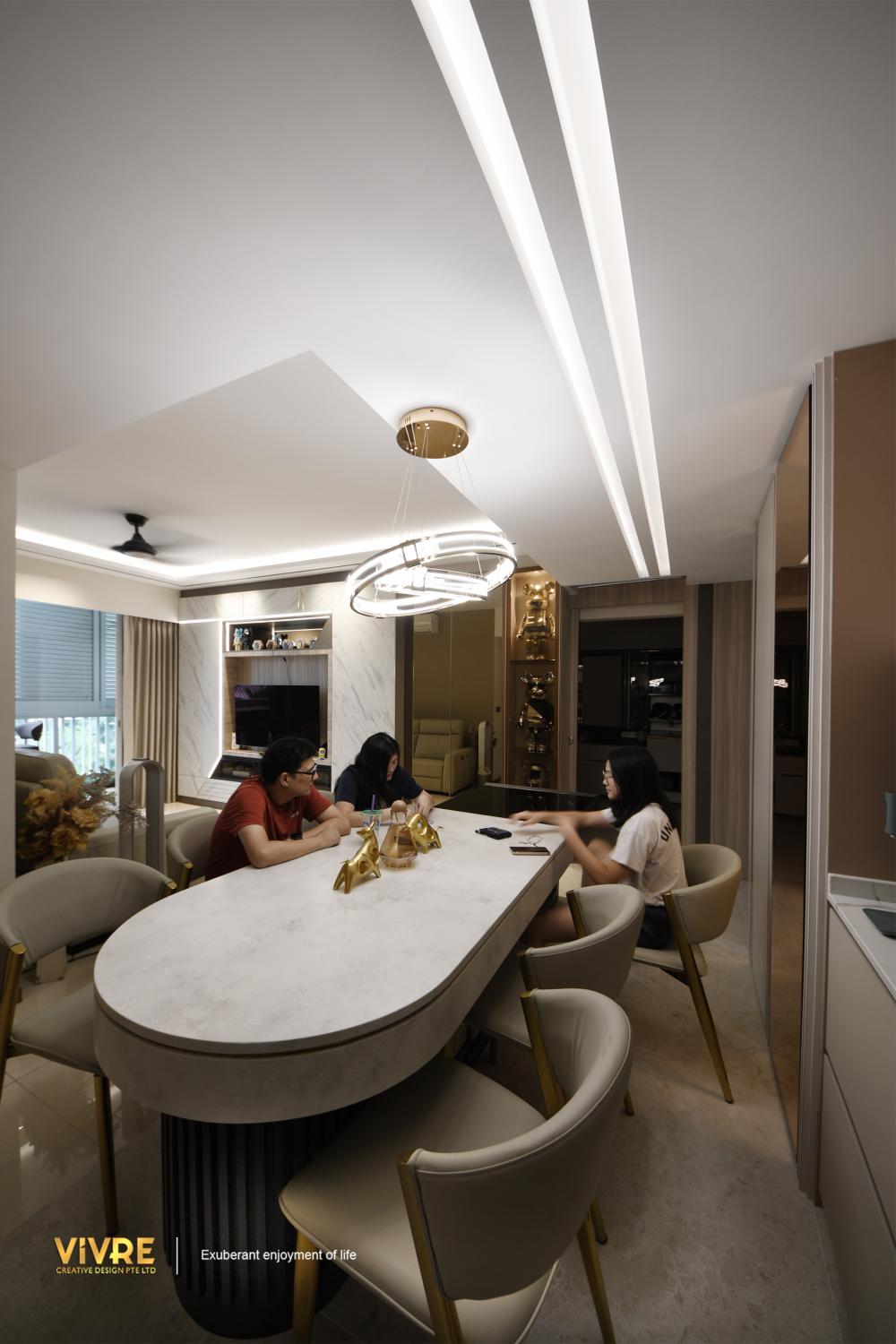 Modern Dining Room with Drop Light and Downlights