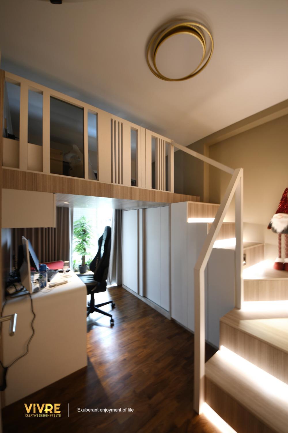 Modern Bedroom with Bookshelf and Ceiling Light