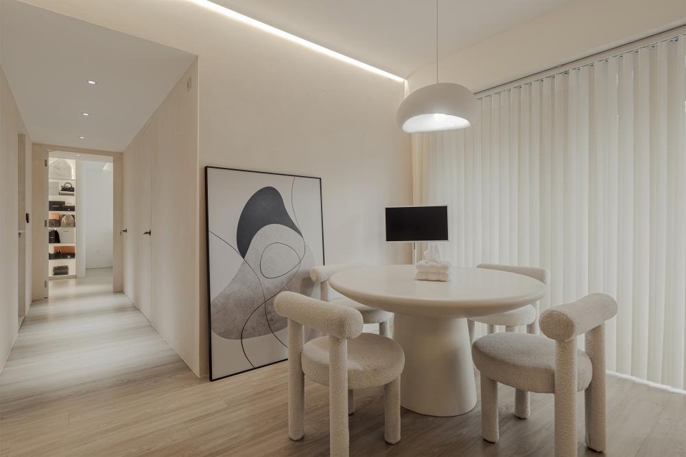 Scandinavian Living Room with Vinyl Flooring and Dining Table