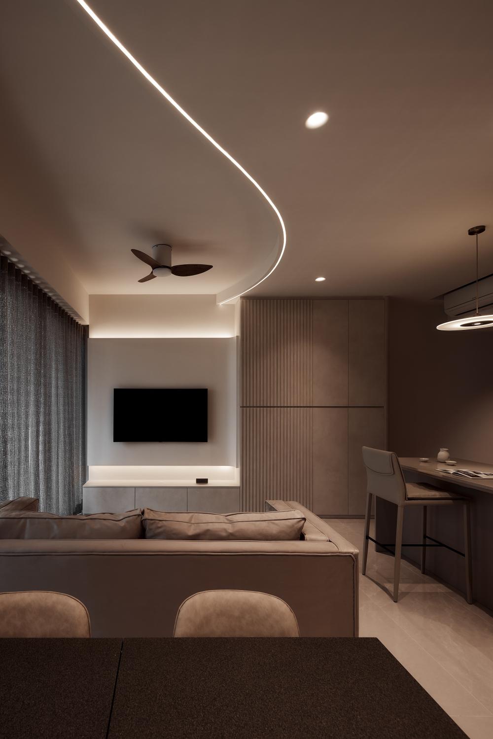 Minimalist Living Room with Homogeneous Tiles and TV Console