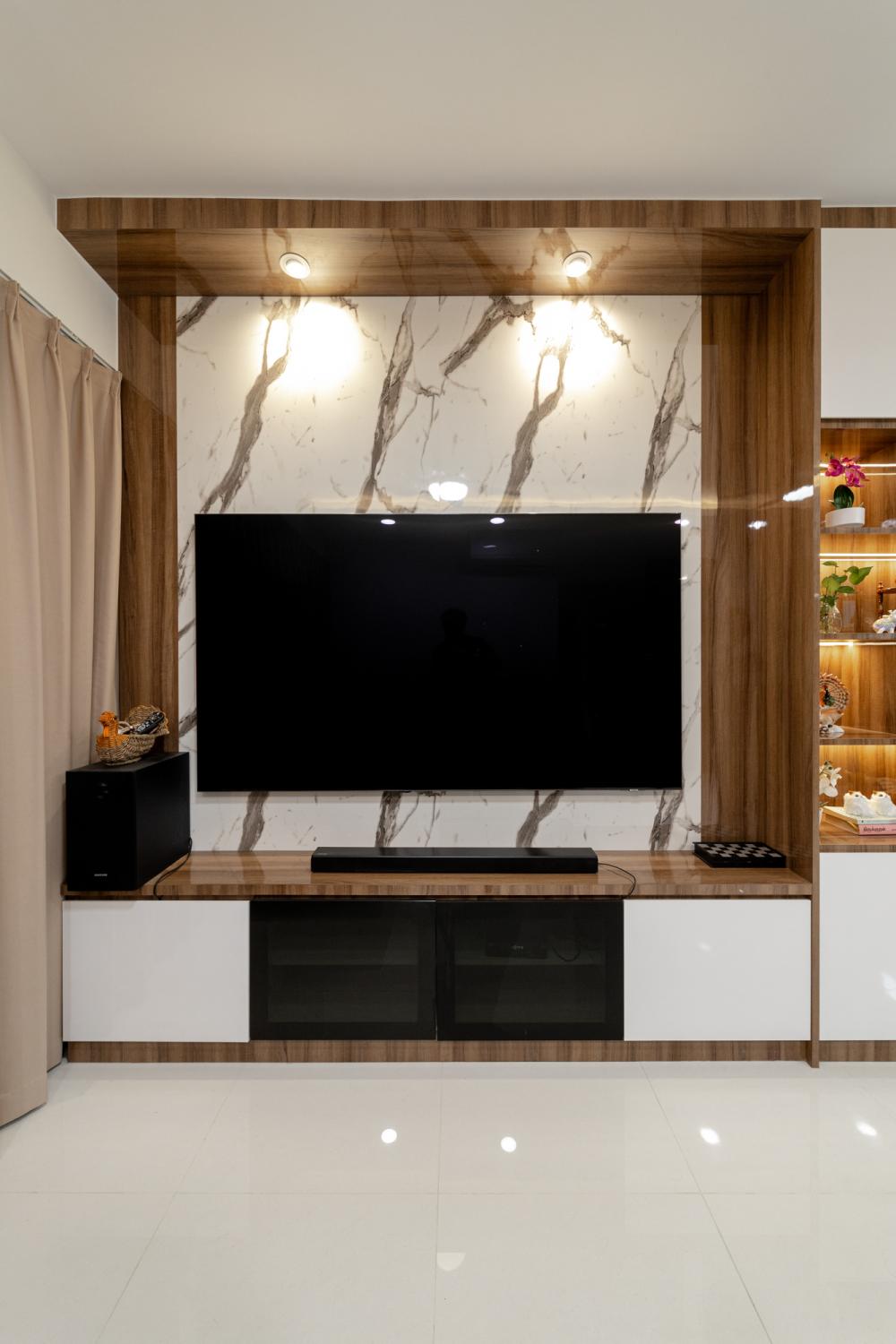 Contemporary Living Room with Bookshelf and TV Console